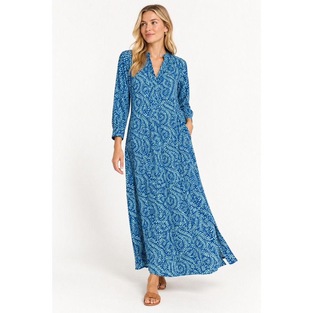 Livro Womens Blue Green Leaf Print Long Sleeve Kaftan Maxi Dress Small Pockets